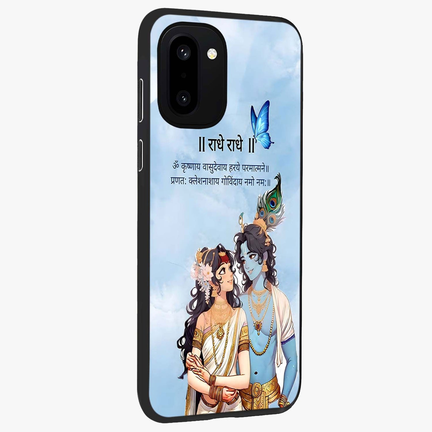 Radha Krishna Eternal Glass Case for 1+15R side perspective highlighting detailed illustration textures and smooth build