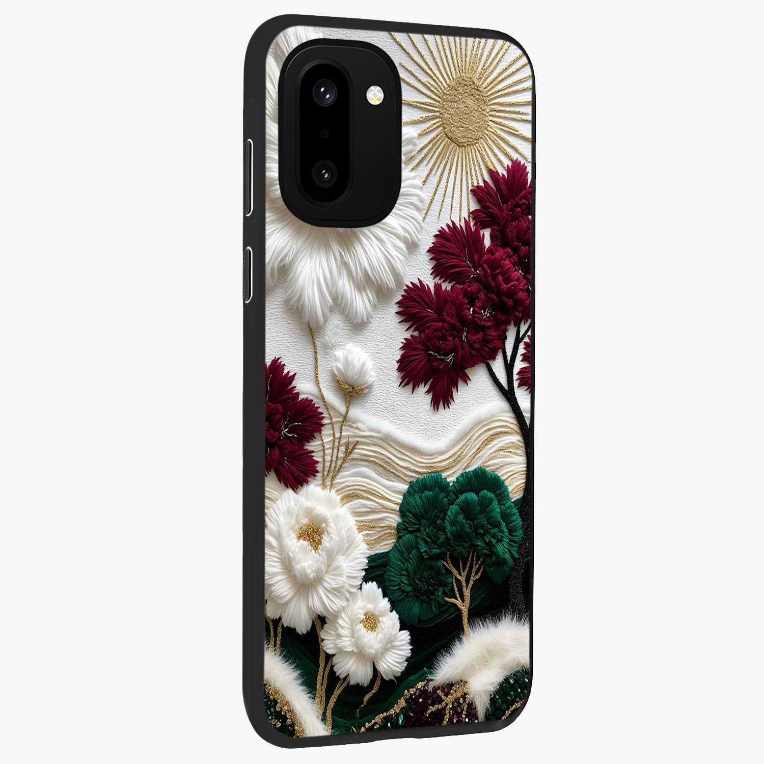 Radiant Bloom Elegance Glass Case for 1+15R side perspective highlighting delicate petal textures and premium edges