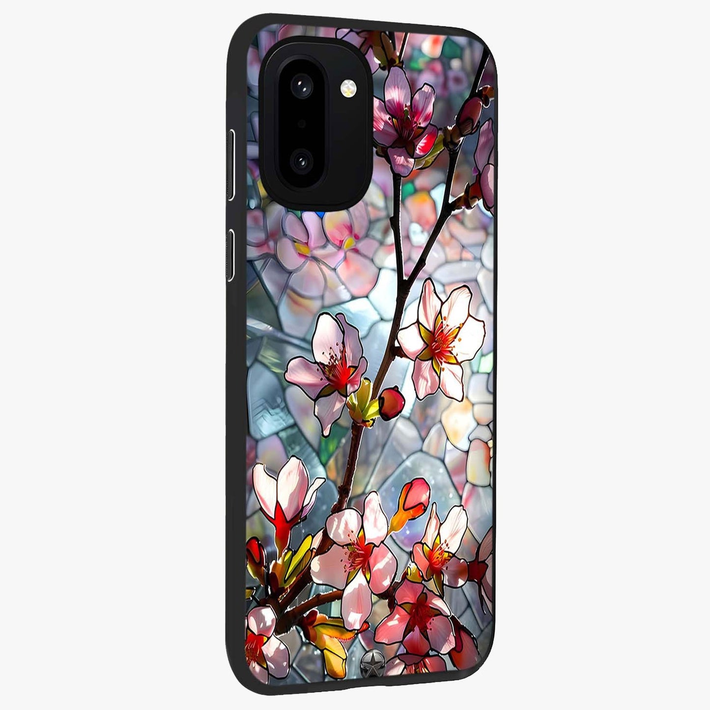 Radiant Bloom Glow Glass Case for 1+15R side perspective highlighting radiant textures and sleek premium build
