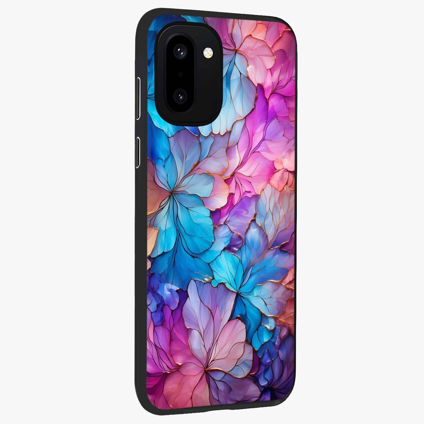 Radiant Floral Whirl Glass Case for 1+15R side perspective highlighting flowing textures and premium edges