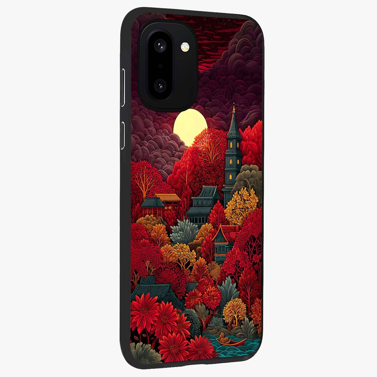 Red Scenery Hot Glass Case for 1+15R side perspective highlighting vivid gradient textures and smooth build