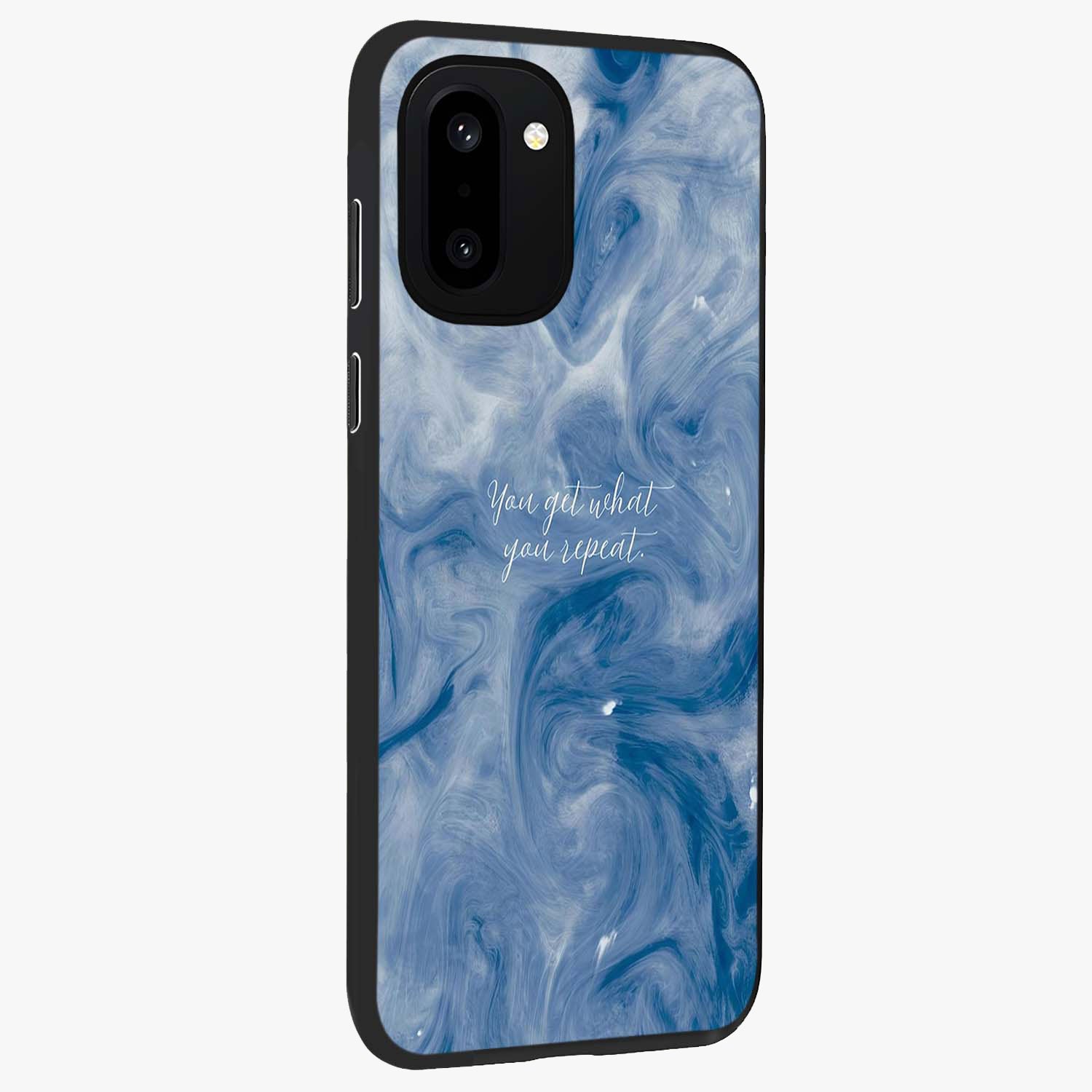 Repeat Your Destiny Glass Case for 1+15R side perspective highlighting strong text textures and premium edges