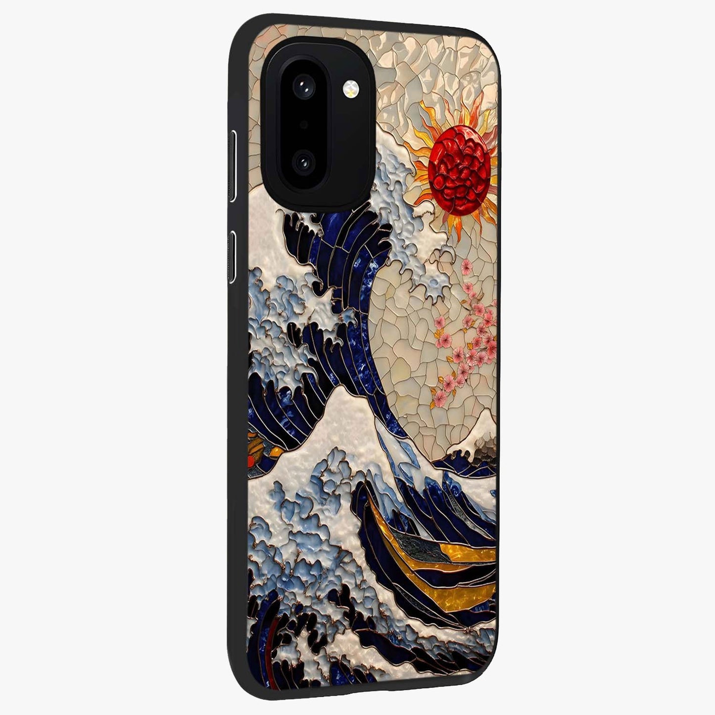 Rising Wave Glory Glass Case for 1+15R side perspective highlighting fluid wave textures and sleek premium build