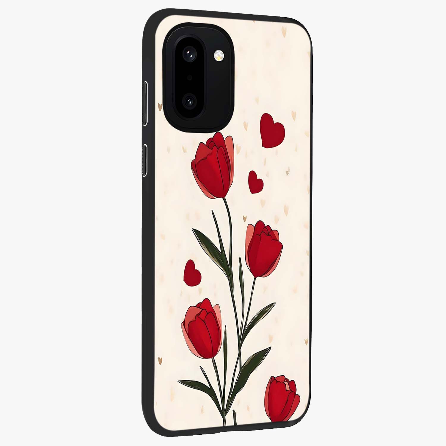 Romantic Tulip Hearts Glass Case for 1+15R side perspective highlighting delicate bloom textures and premium edges