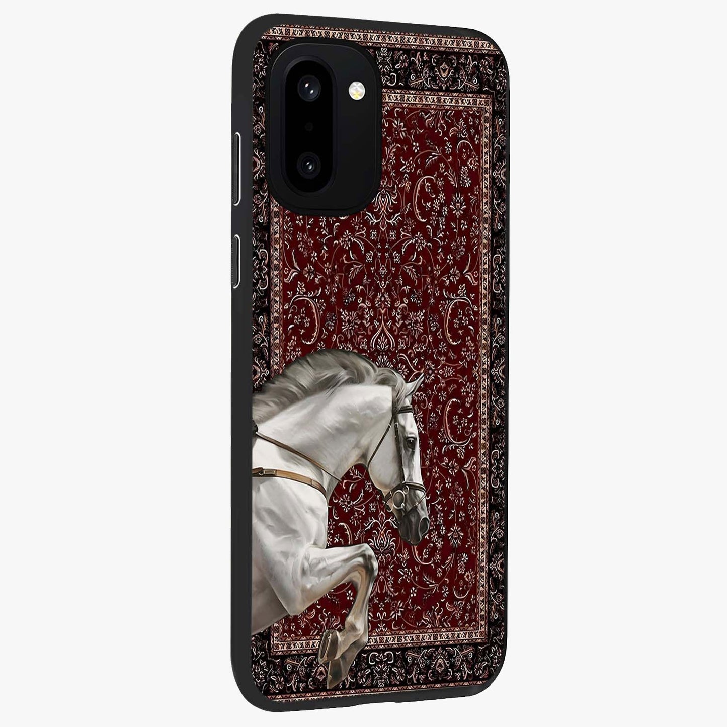 Royal Rider Tapestry Glass Case for 1+15R side perspective highlighting intricate textures and premium edges