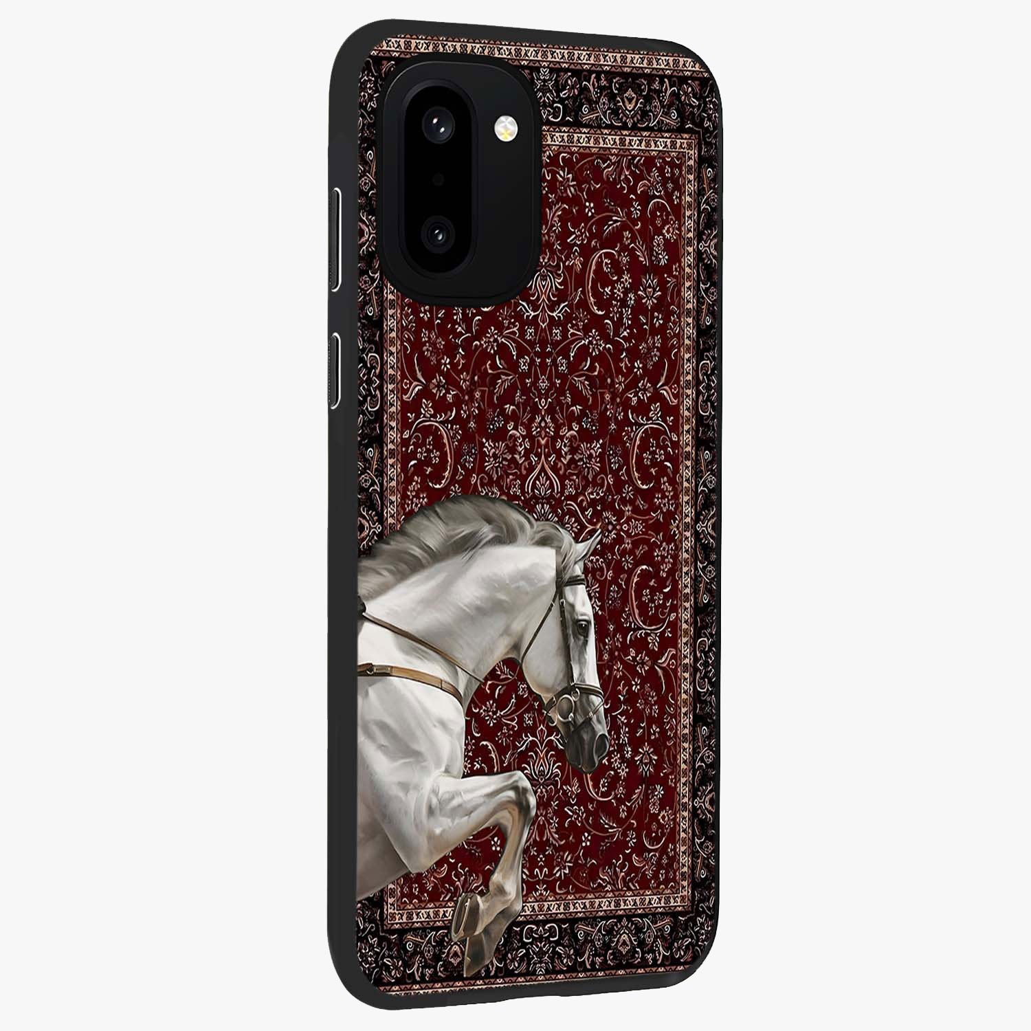 Royal Rider Tapestry Glass Case for 1+15R side perspective highlighting intricate textures and premium edges