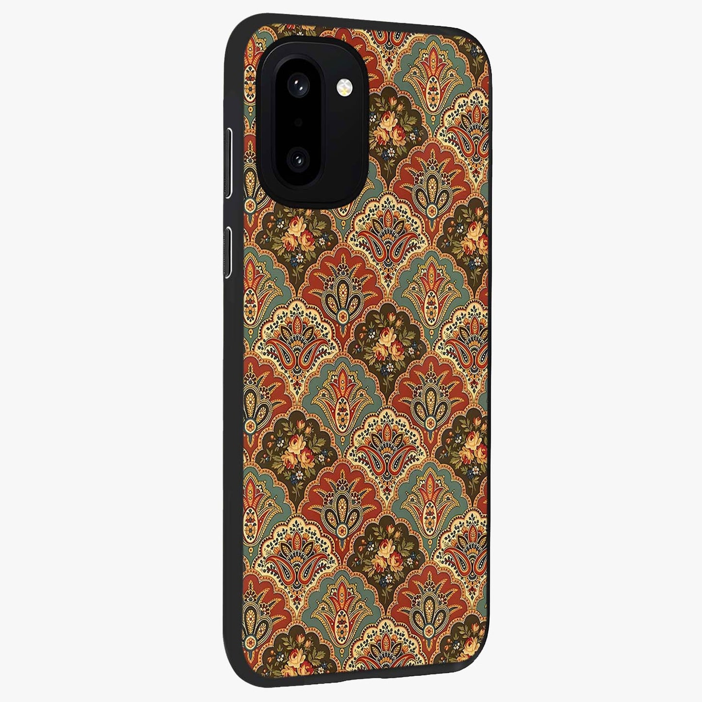 Royal Threadwork Glass Case for 1+15R side perspective highlighting detailed stitching textures and smooth premium build