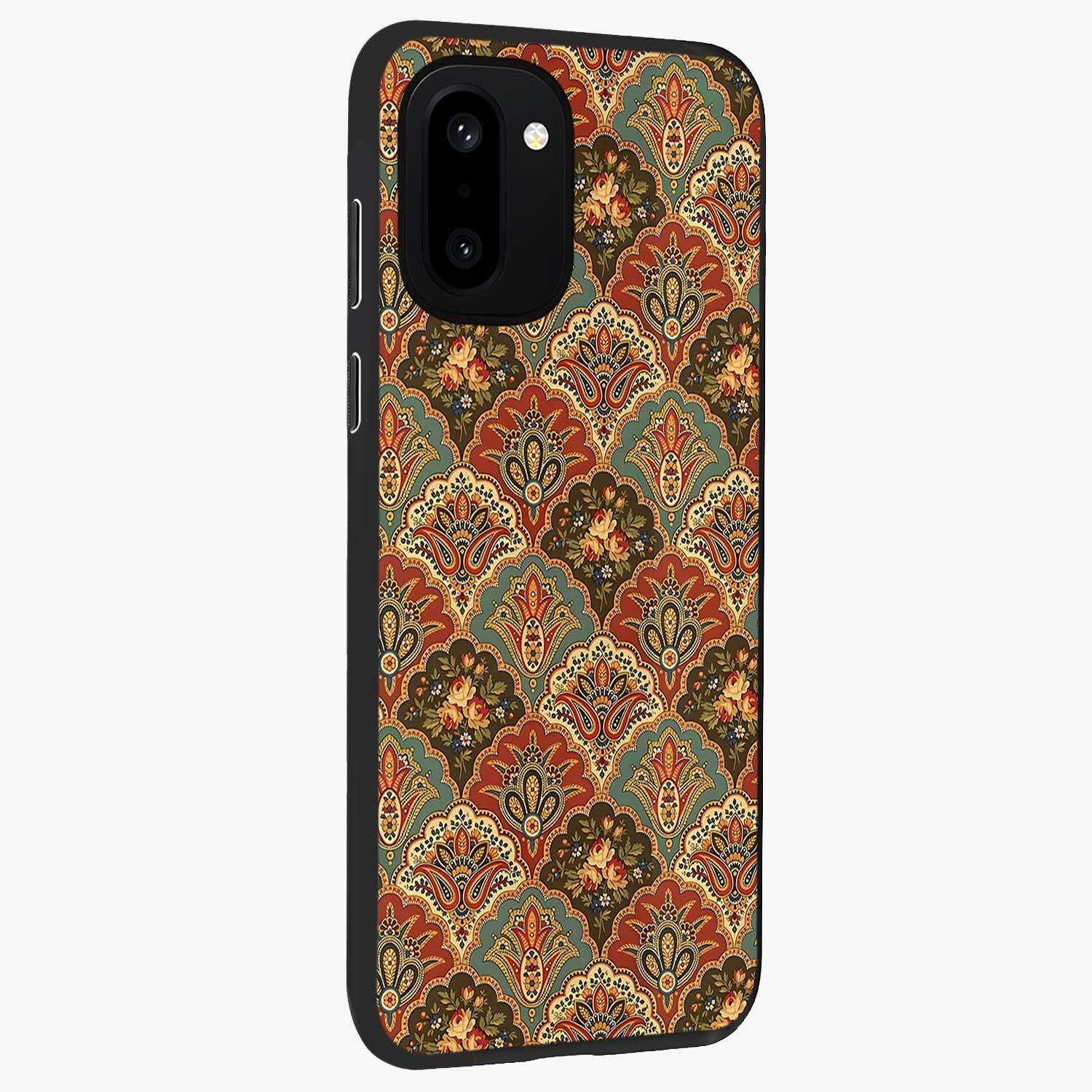 Royal Threadwork Glass Case for 1+15R side perspective highlighting detailed stitching textures and smooth premium build