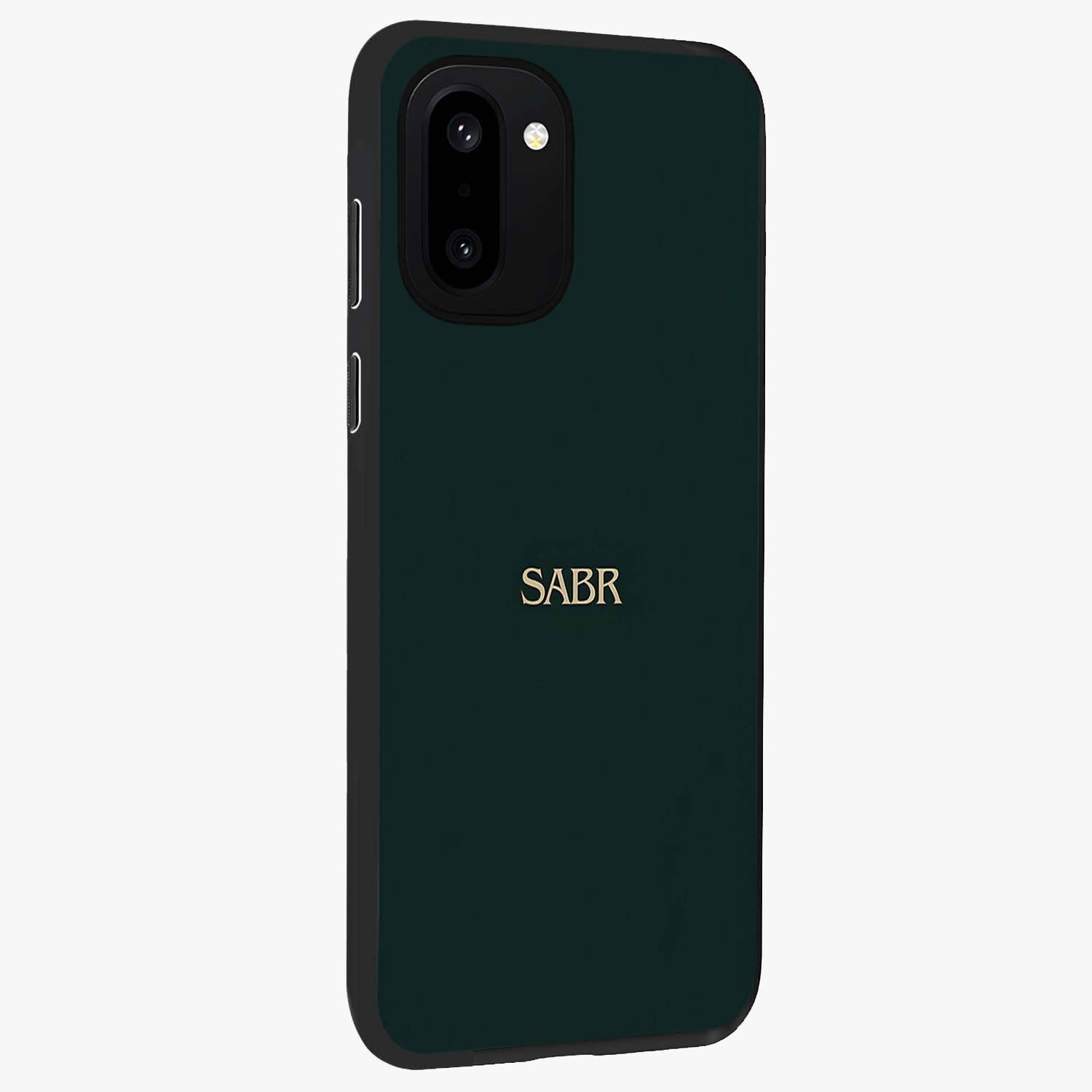 Sabr Minimal Patience Glass Case for 1+15R side perspective highlighting elegant text detailing and sleek build