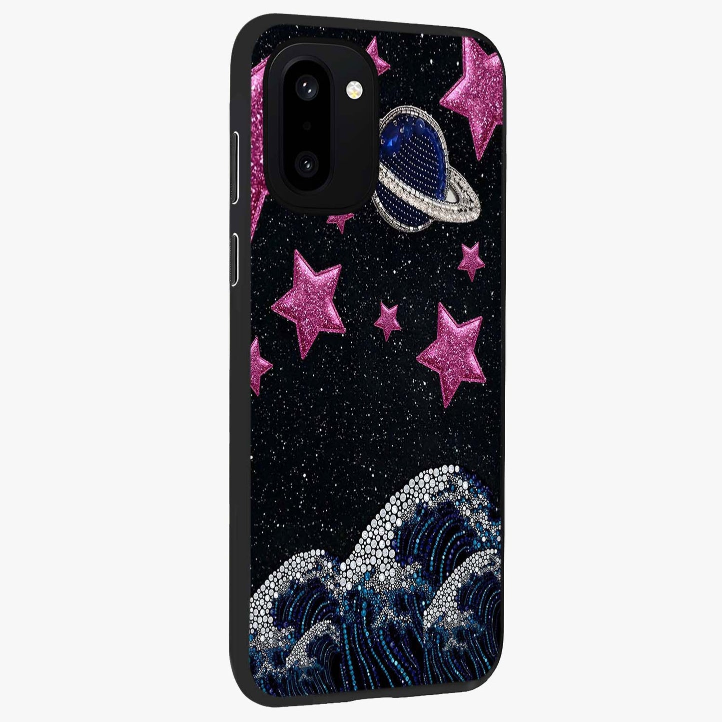 Saturn Pink Storm Glass Case for 1+15R side perspective highlighting planetary textures and premium edges