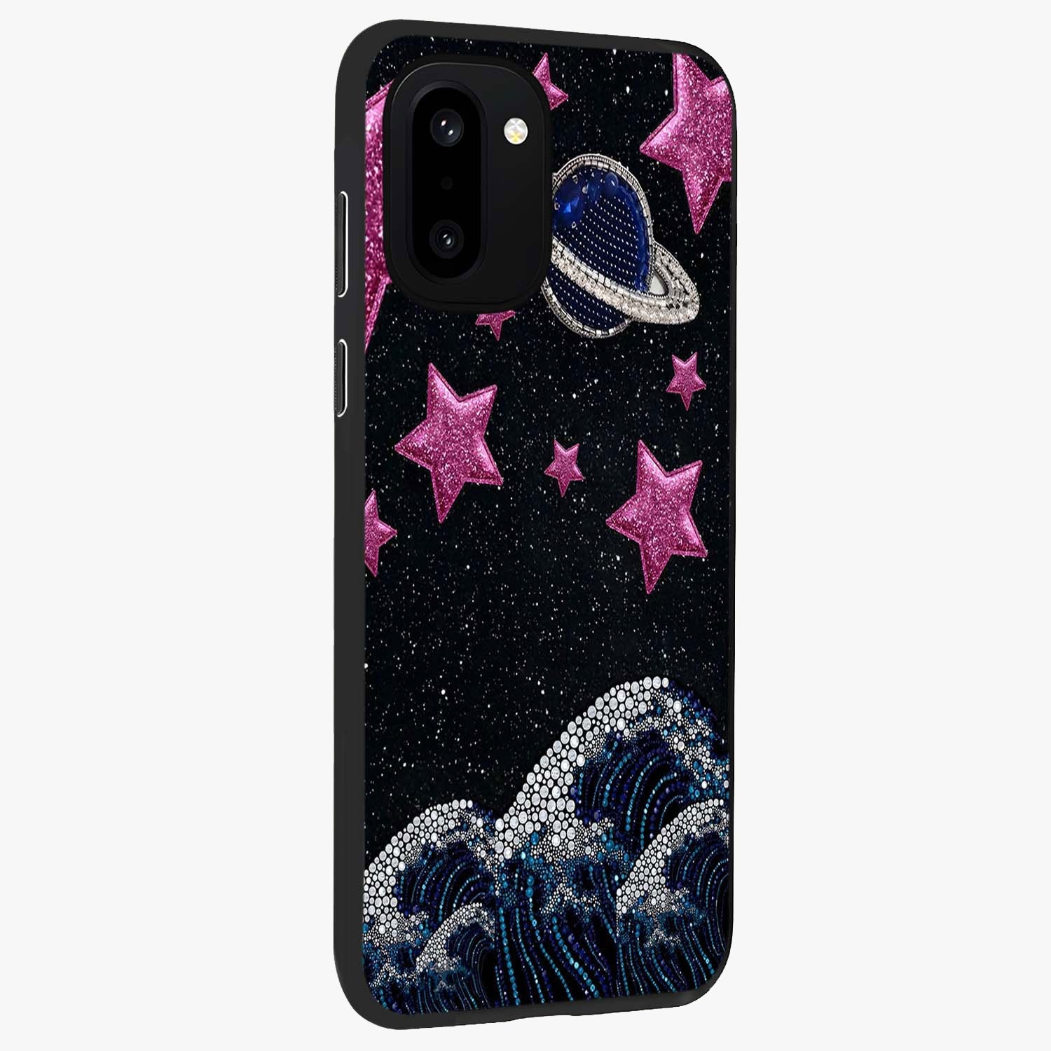 Saturn Pink Storm Glass Case for 1+15R side perspective highlighting planetary textures and premium edges