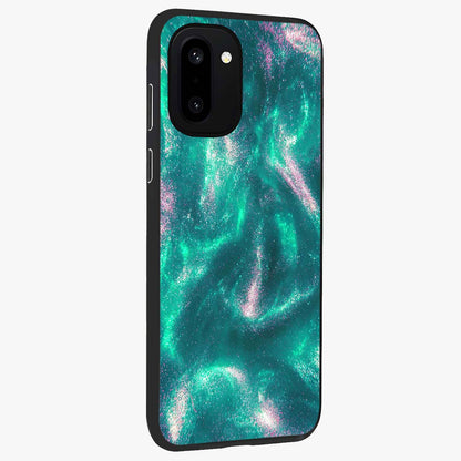 Shimmering Nebula Waves Glass Case for 1+15R side perspective highlighting luminous textures and smooth build