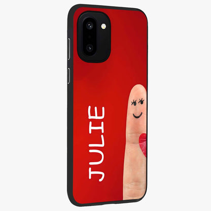 Smiling Love Sign Glass Case for 1+15R side perspective highlighting playful textures and premium edges