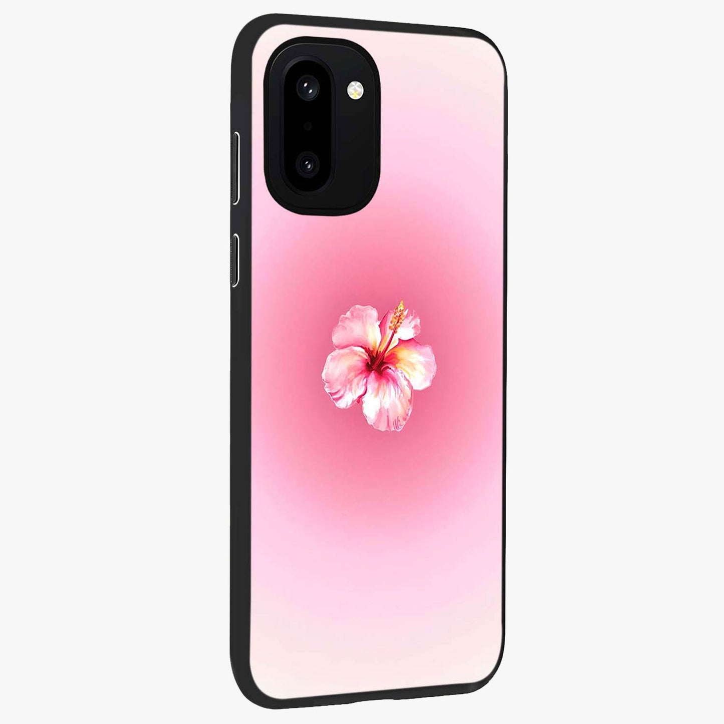 Soft Petal Serenity Glass Case for 1+15R side perspective highlighting refined petal textures and premium edges