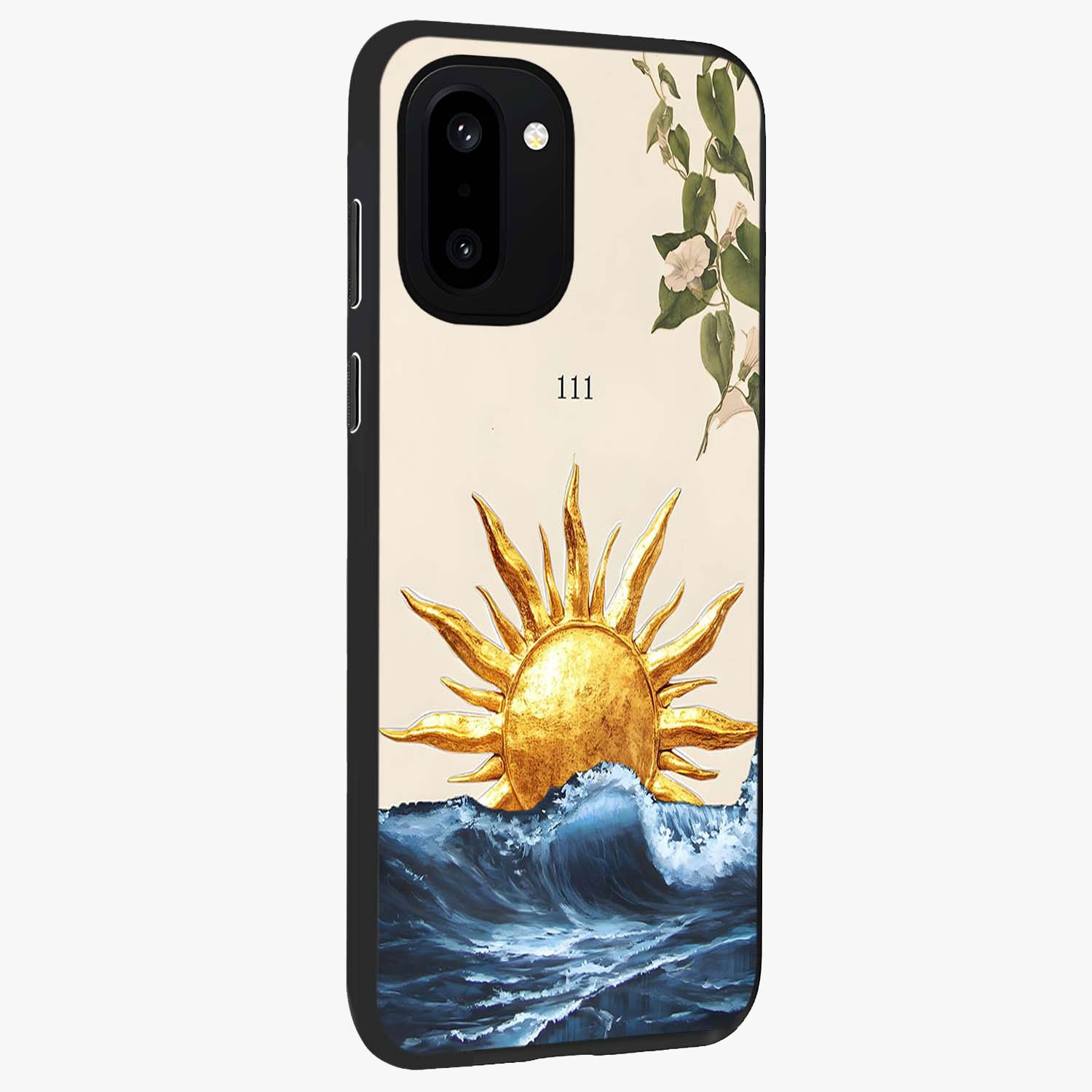 Solar Wave Bloom Glass Case for 1+15R side perspective highlighting radiant textures and premium edges