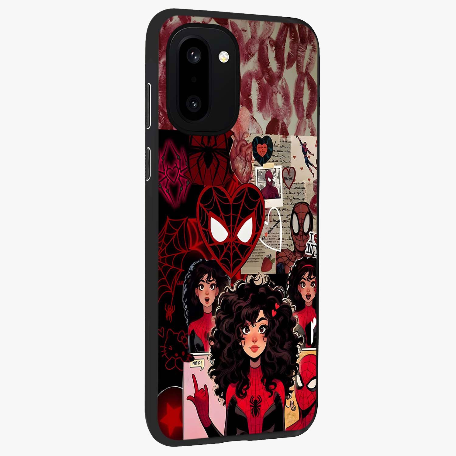 Spider Love Story Glass Case for 1+15R side perspective highlighting dynamic character textures and premium edges