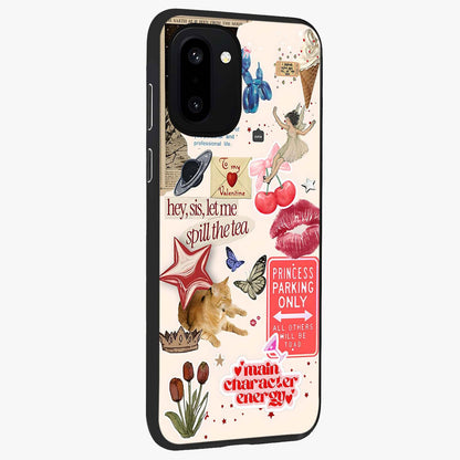 Spill the Tea Retro Collage Glass Case for 1+15R side perspective highlighting layered textures and sleek build