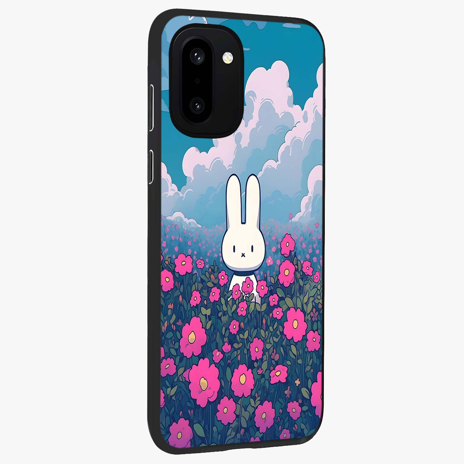 Springtime Blossom Bunny Glass Case for 1+15R side perspective highlighting charming illustration textures and premium edges