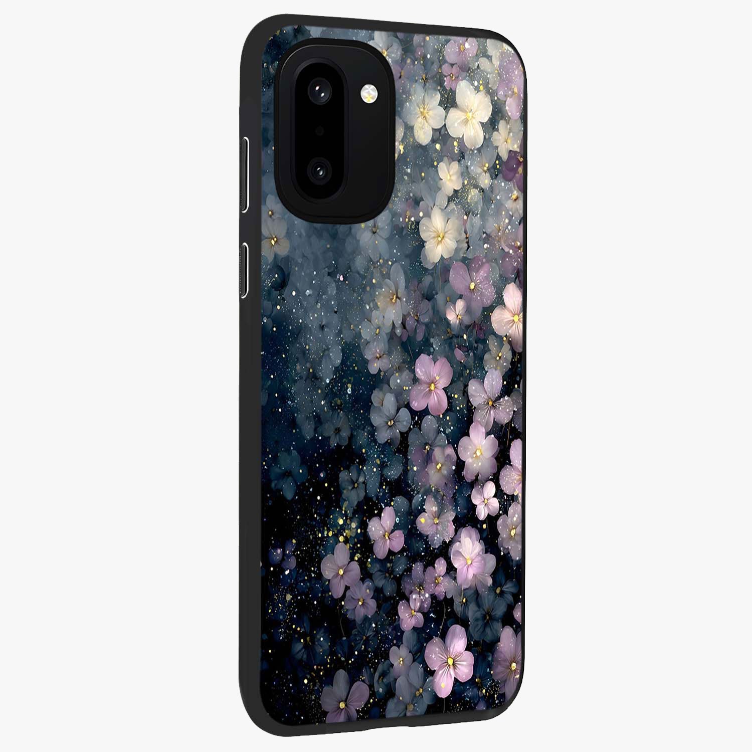 Starlit Blossom Dreams Glass Case for 1+15R side perspective highlighting delicate bloom textures and smooth build