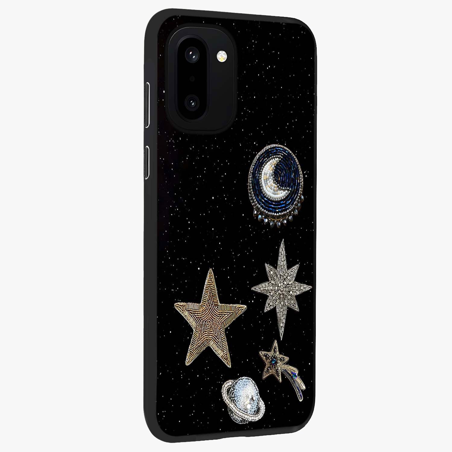 Starlit Cosmic Dreams Glass Case for 1+15R side perspective highlighting luminous textures and premium edges