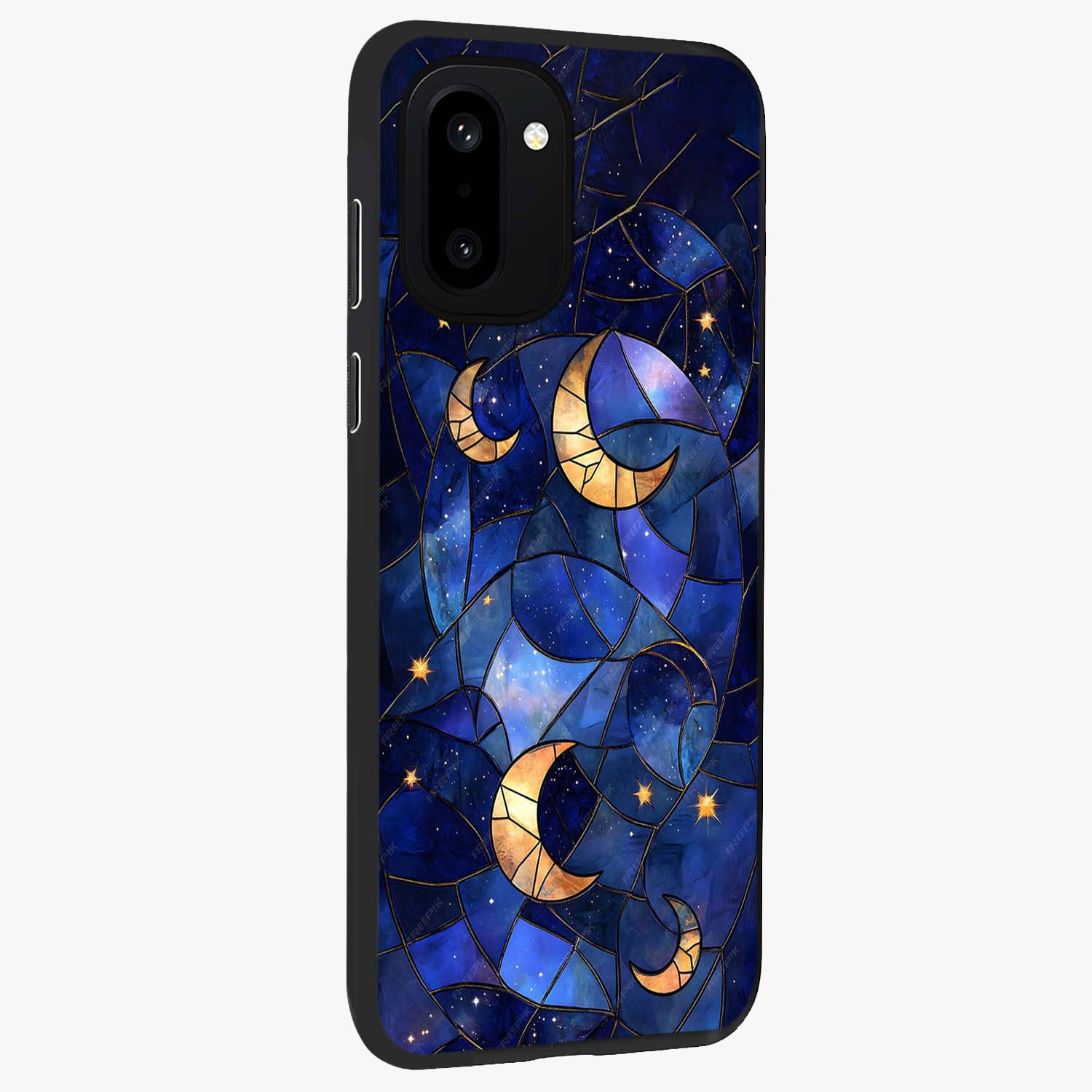 Starlit Sky Tapestry Glass Case for 1+15R side perspective highlighting intricate celestial textures and premium edges