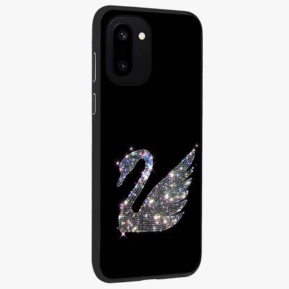 Starlit Swan Grace Glass Case for 1+15R side perspective highlighting elegant feather textures and smooth build