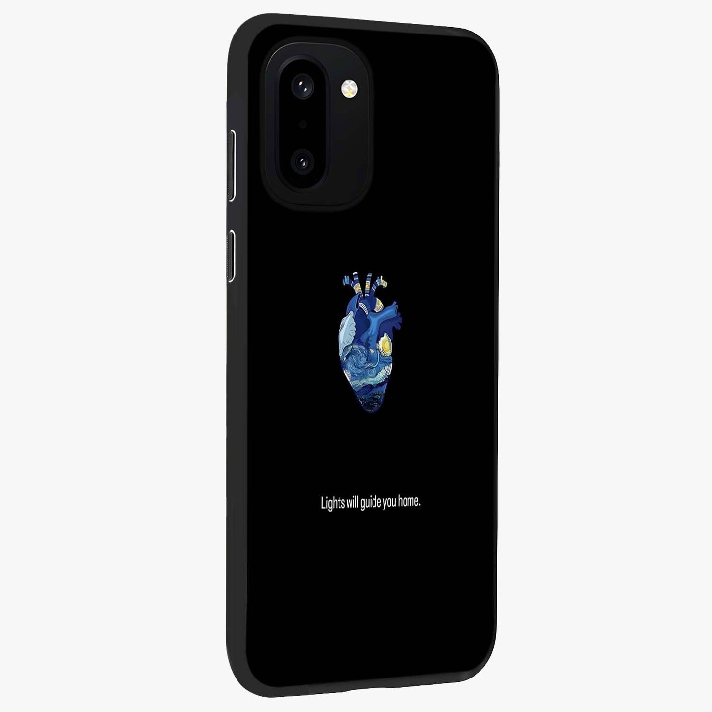 Starry Heart Compass Glass Case for 1+15R side perspective highlighting refined textures and sleek premium build
