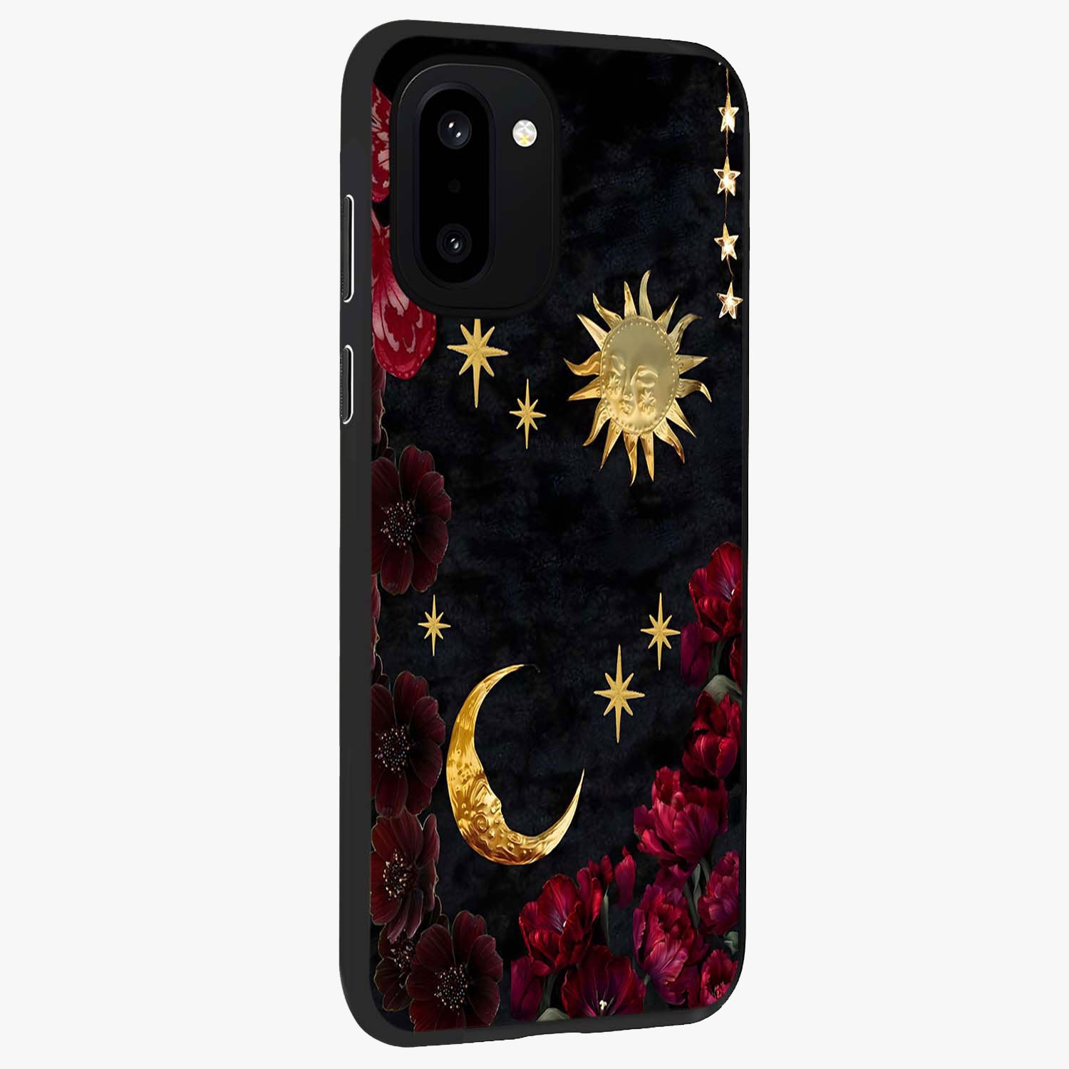 Sunflower Custom Name Glass Case for 1+15R side perspective highlighting custom typography and vibrant bloom textures