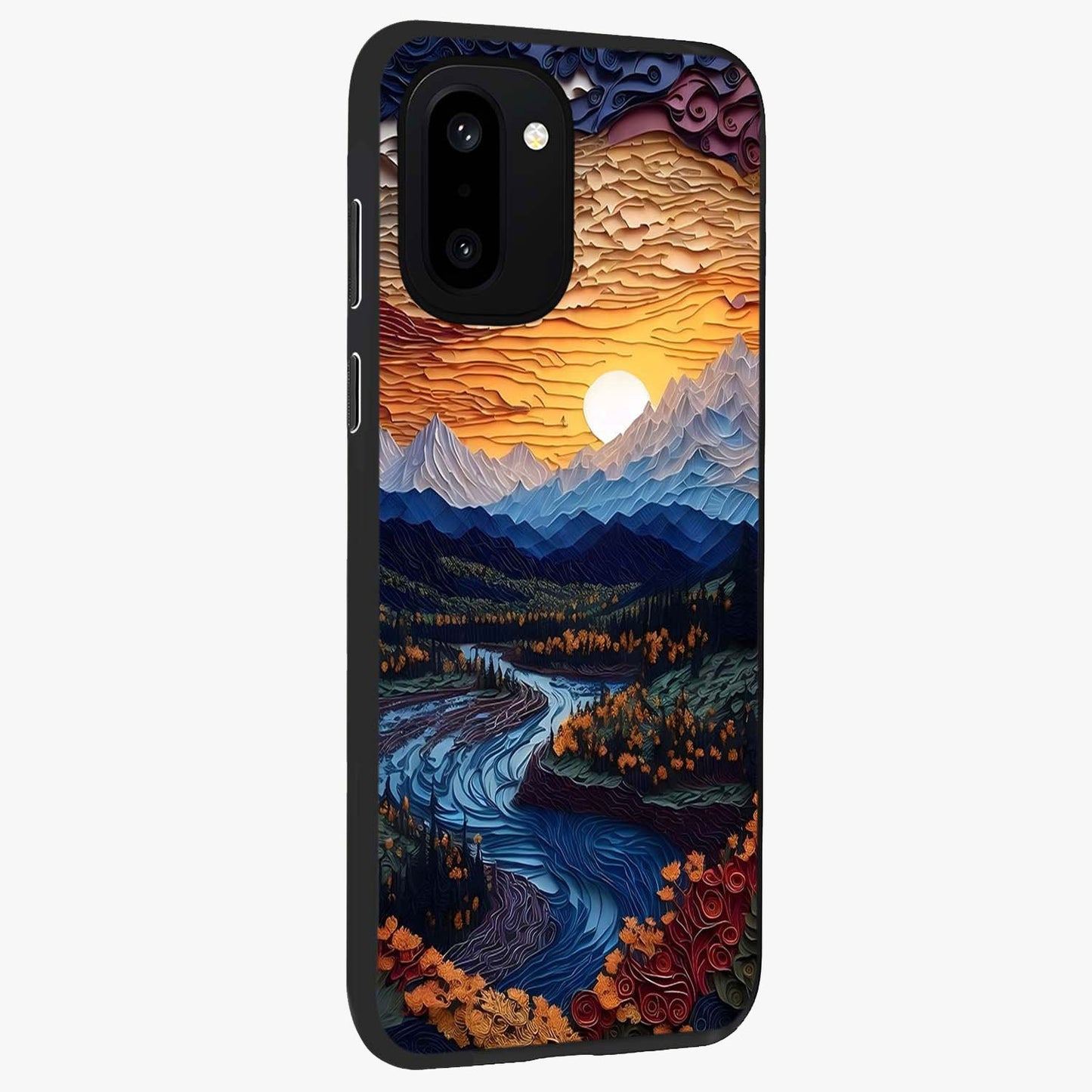 Sunrise River Dreams Glass Case for 1+15R side perspective highlighting serene water textures and smooth build
