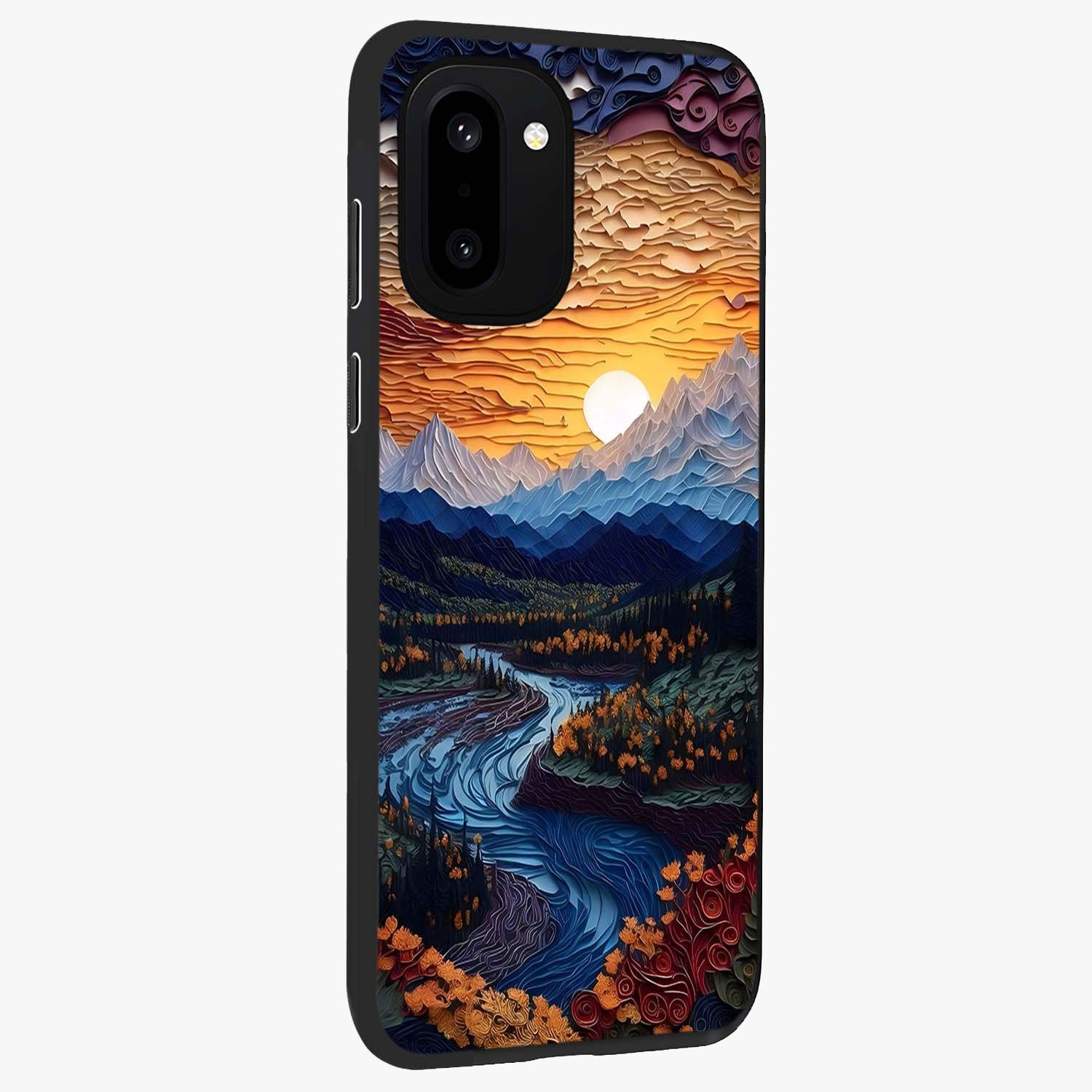 Sunrise River Dreams Glass Case for 1+15R side perspective highlighting serene water textures and smooth build