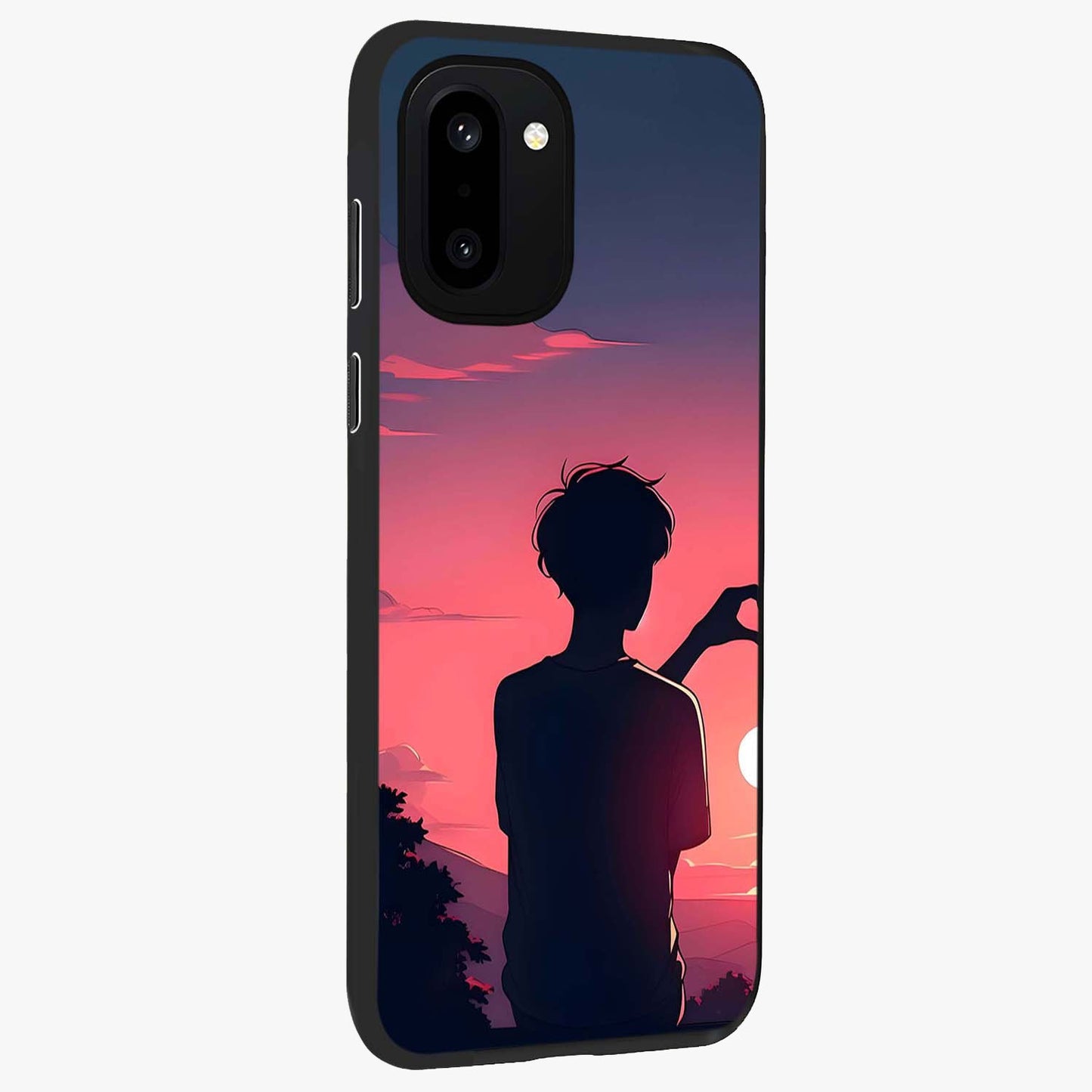 Sunset Silhouette Girl Glass Case for 1+15R side perspective highlighting soft scenic textures and sleek premium build