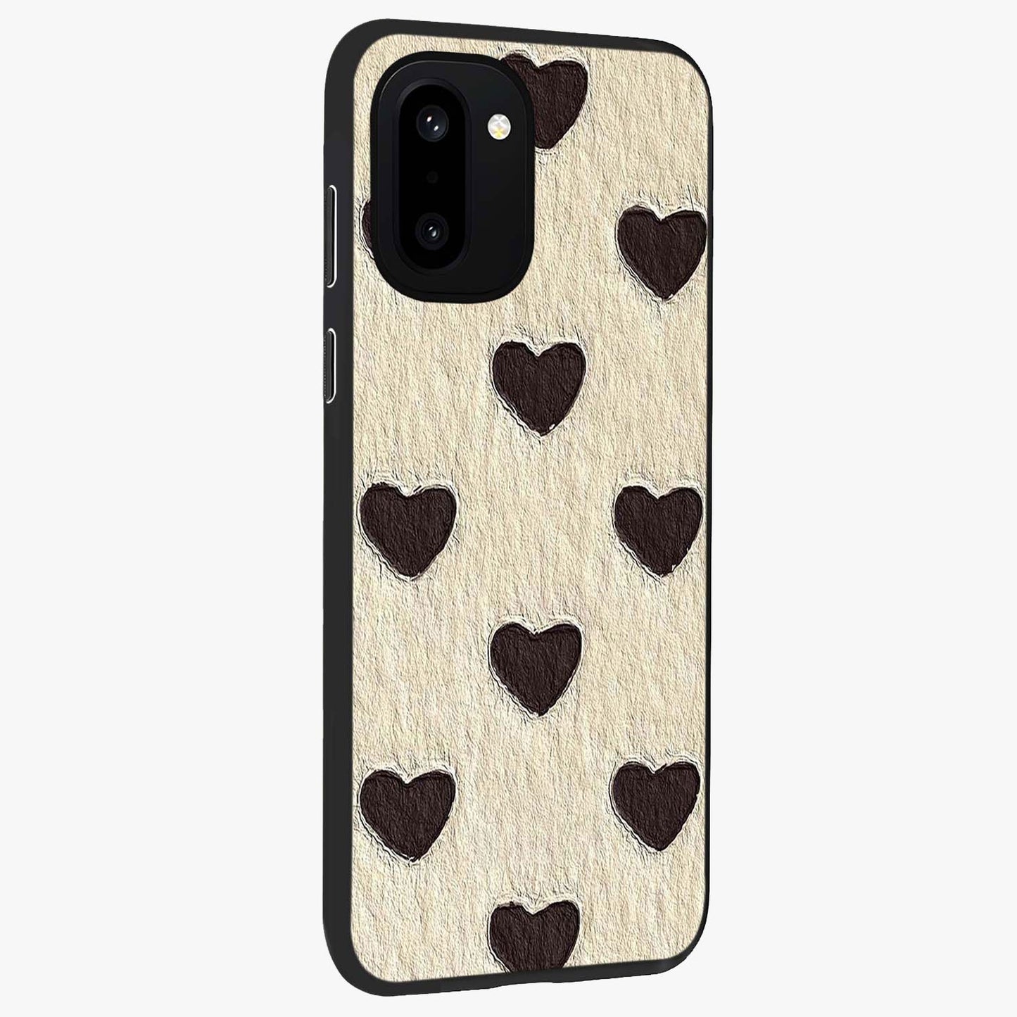 Textured Love Pattern Glass Case for 1+15R side perspective highlighting soft textures and smooth premium build