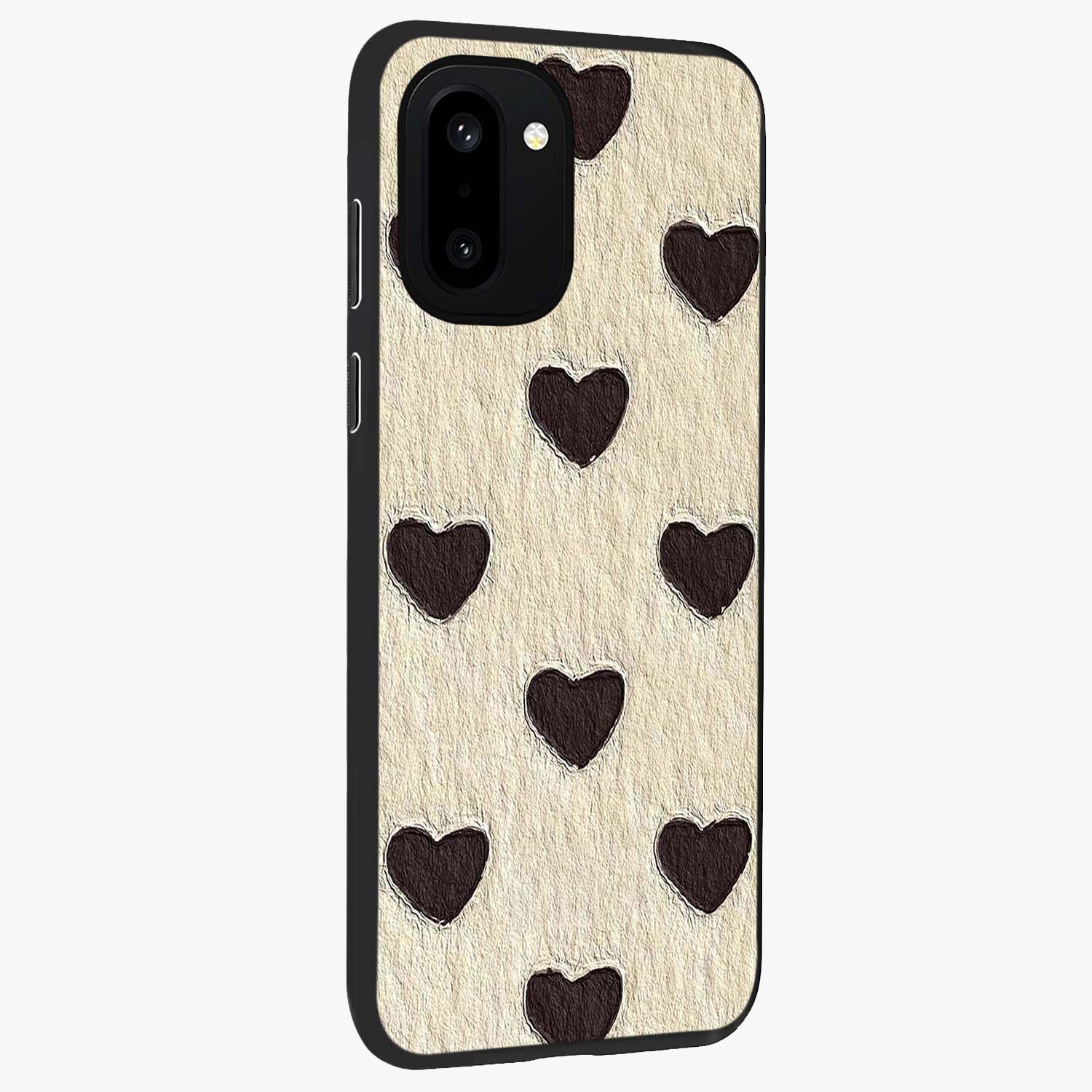 Textured Love Pattern Glass Case for 1+15R side perspective highlighting soft textures and smooth premium build