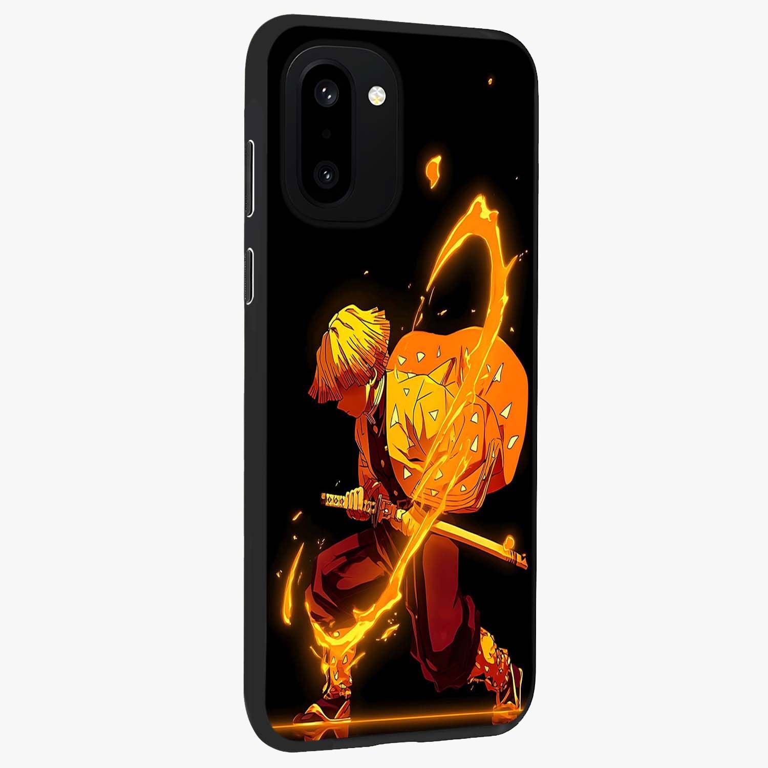 Thunder Flame Execution Glass Case for 1+15R side perspective highlighting fiery textures and premium edge finish