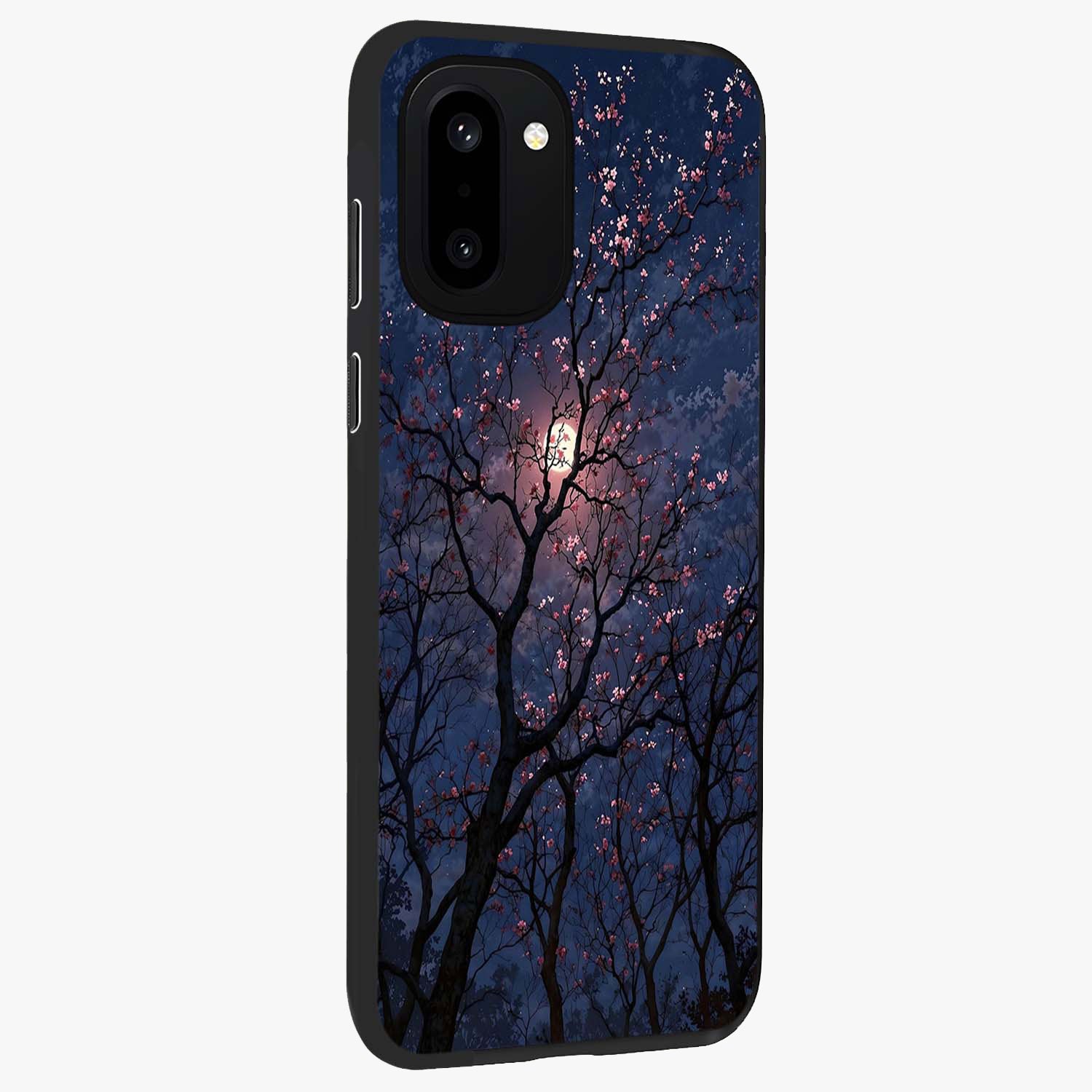 Twilight Sakura Serenade Glass Case for 1+15R side perspective highlighting delicate sakura textures and premium edges