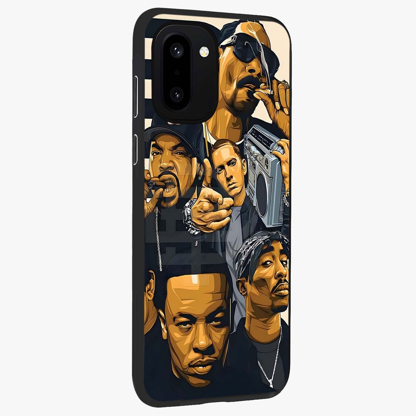 Urban Rap Legends Glass Case for 1+15R side perspective highlighting graphic textures and premium edges
