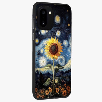 Van Gogh Sunflower Glass Case for 1+15R side perspective highlighting textured brushstroke details and premium edges