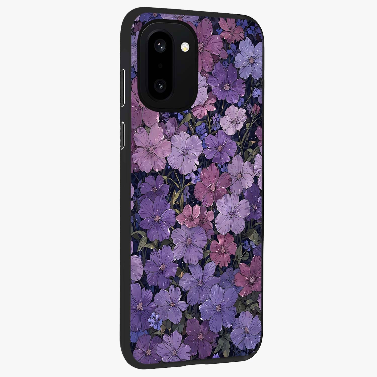 Velvet Bloom Tapestry Glass Case for 1+15R side perspective highlighting intricate bloom textures and premium edges