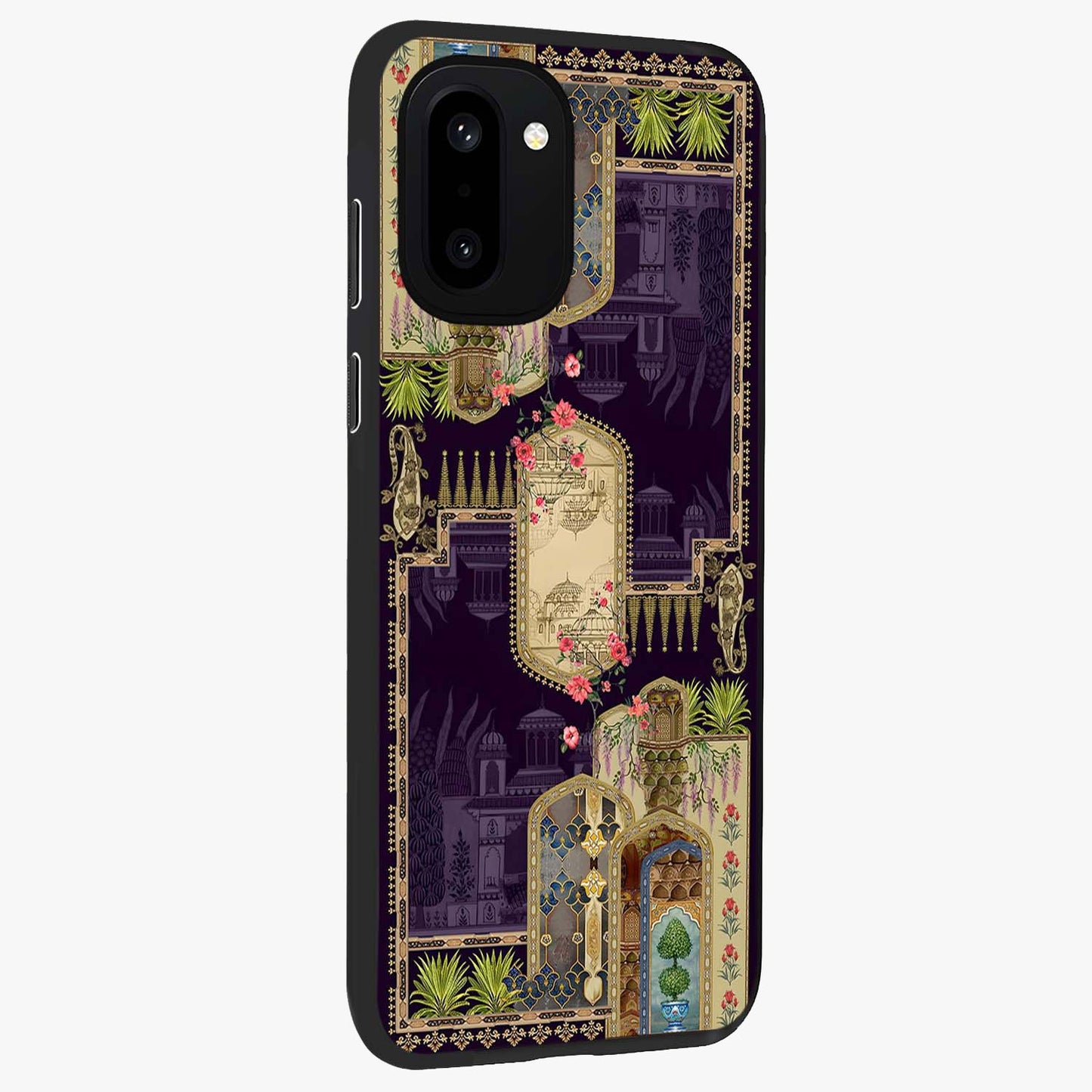 Velvet Mughal Art Glass Case for 1+15R side perspective highlighting ornate detailing and smooth premium build