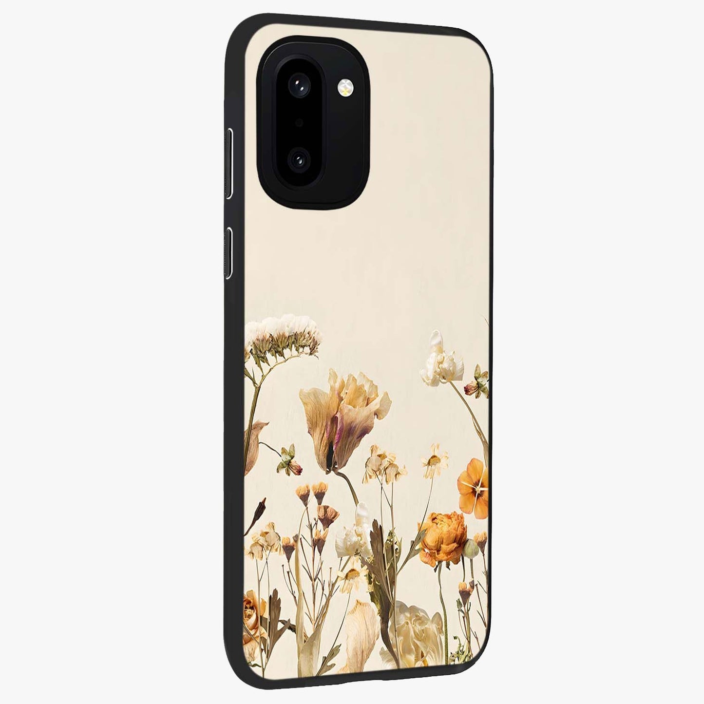 Vintage Petal Love With Custom Name Glass Case for 1+15R side perspective highlighting custom typography and delicate bloom textures