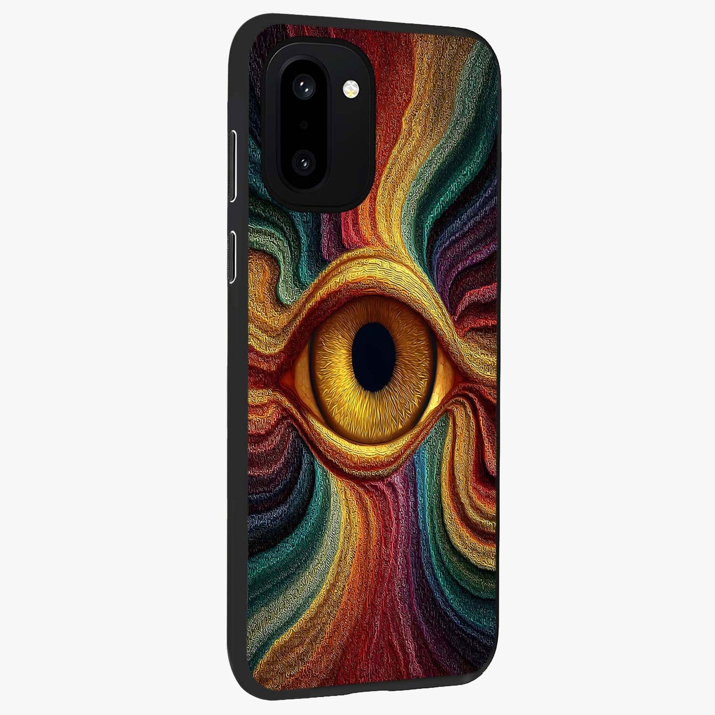 Visionary Flame Core Glass Case for 1+15R side perspective highlighting dynamic textures and sleek premium build
