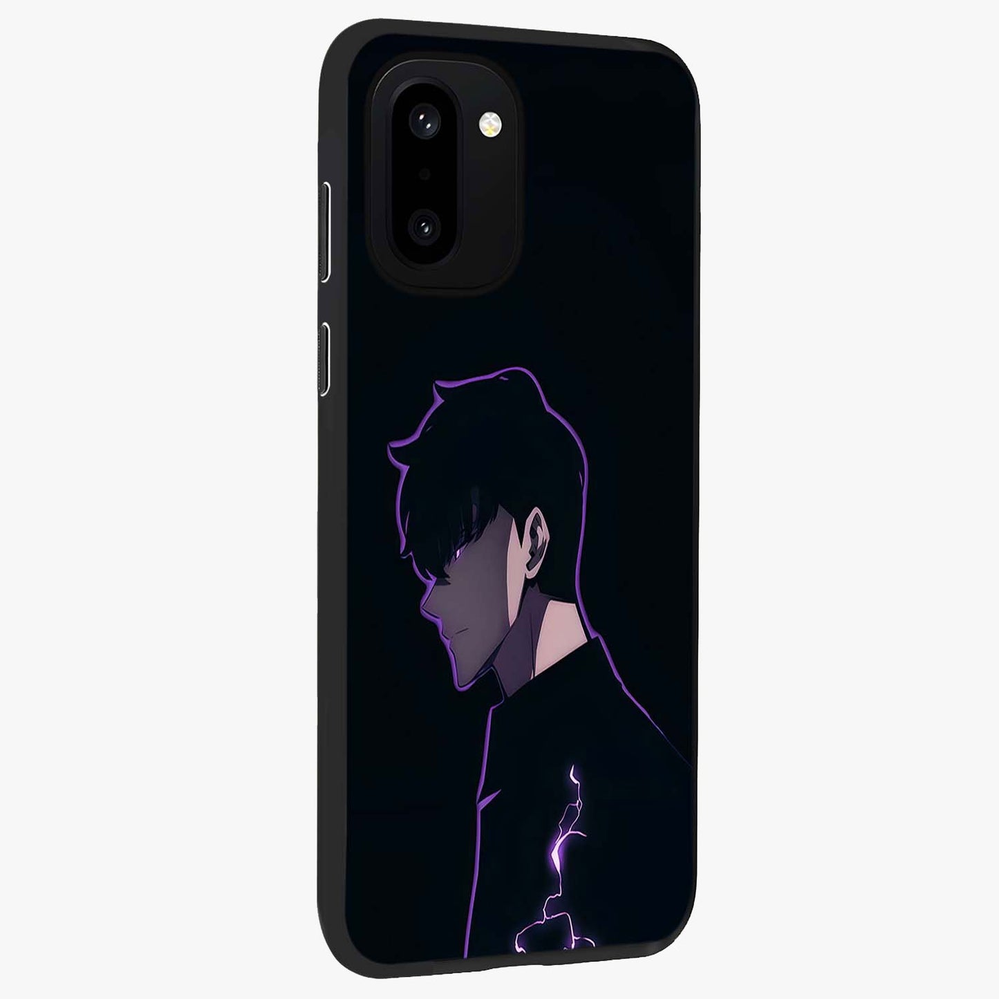 Void Lightning Phantom Glass Case for 1+15R side perspective highlighting sharp energy textures and premium edges