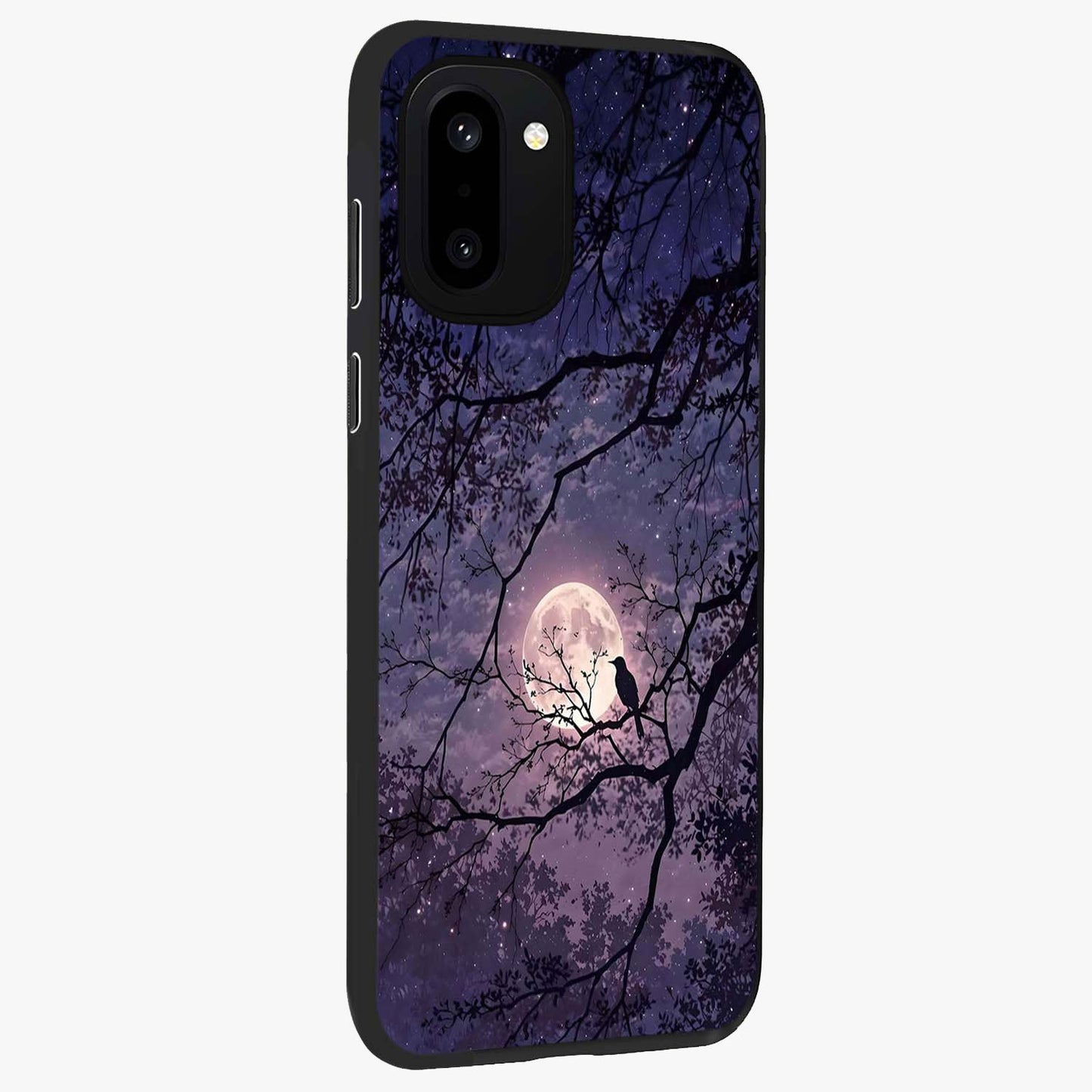 Whispering Moon Silence Glass Case for 1+15R side perspective highlighting smooth lunar textures and sleek premium build