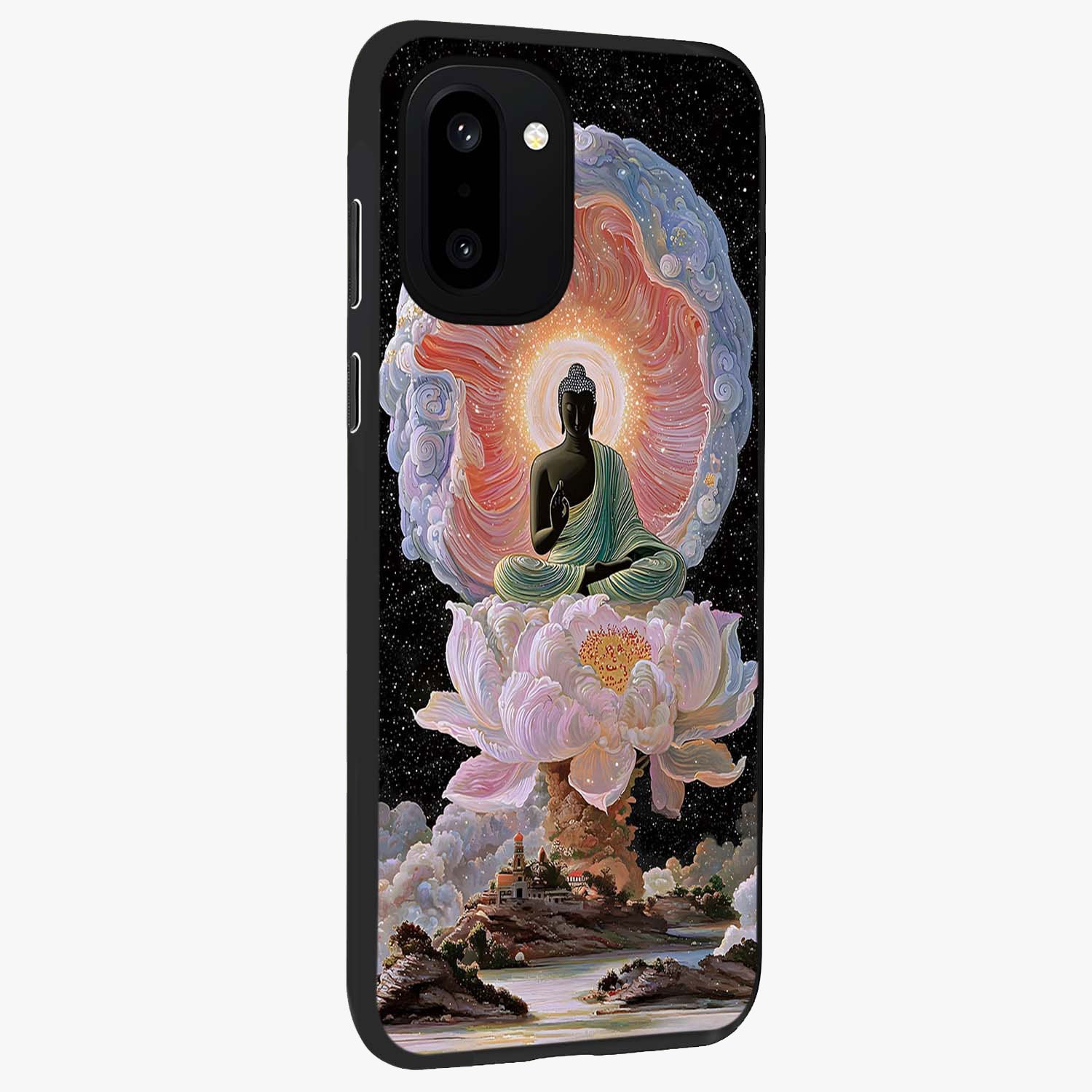 Zen Lotus Realm Glass Case for 1+15R side perspective highlighting refined textures and smooth premium build