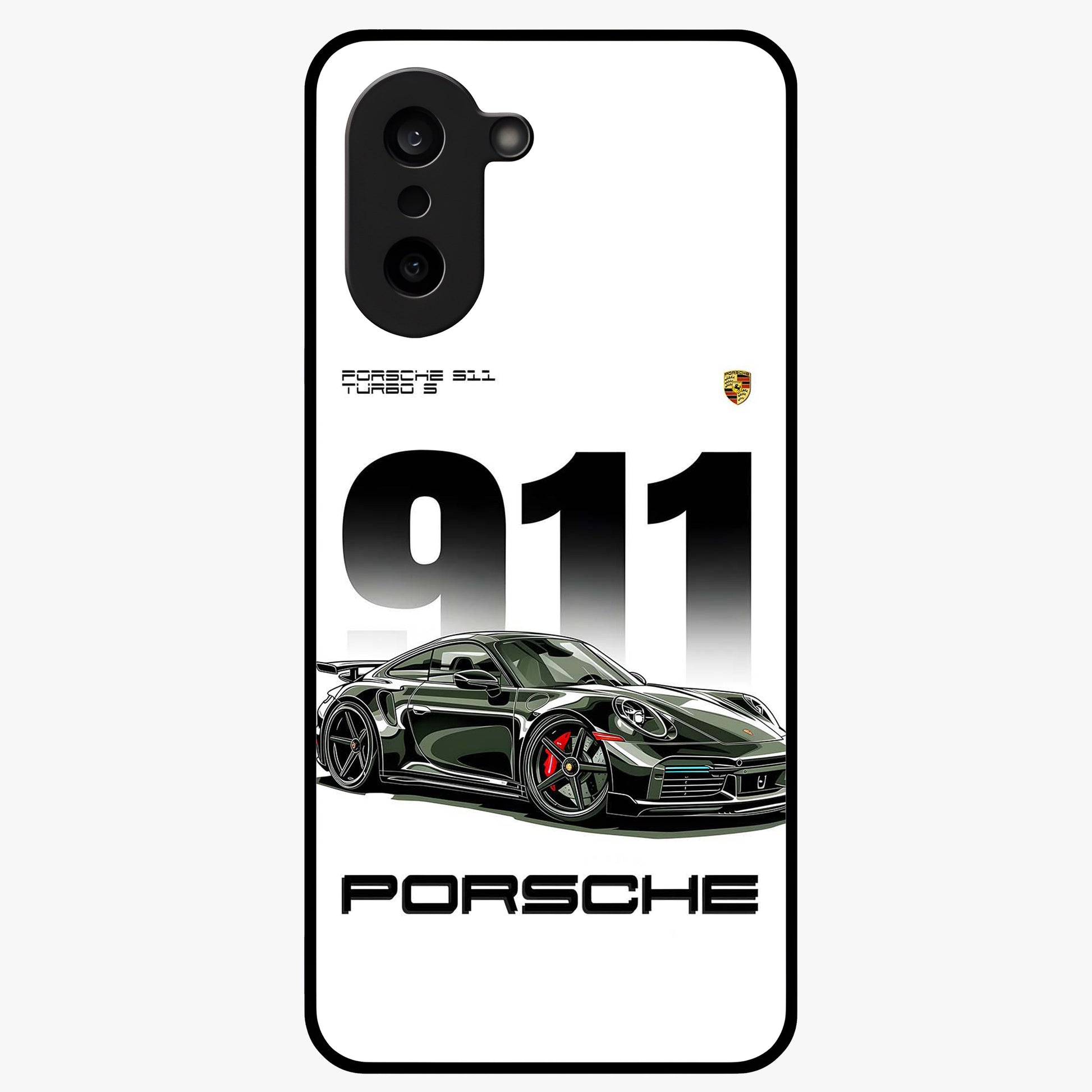911 Turbo Dominance Glass Case for 1+Nord CE 5 bold front view featuring large 911 graphic and detailed green Porsche sports car artwork