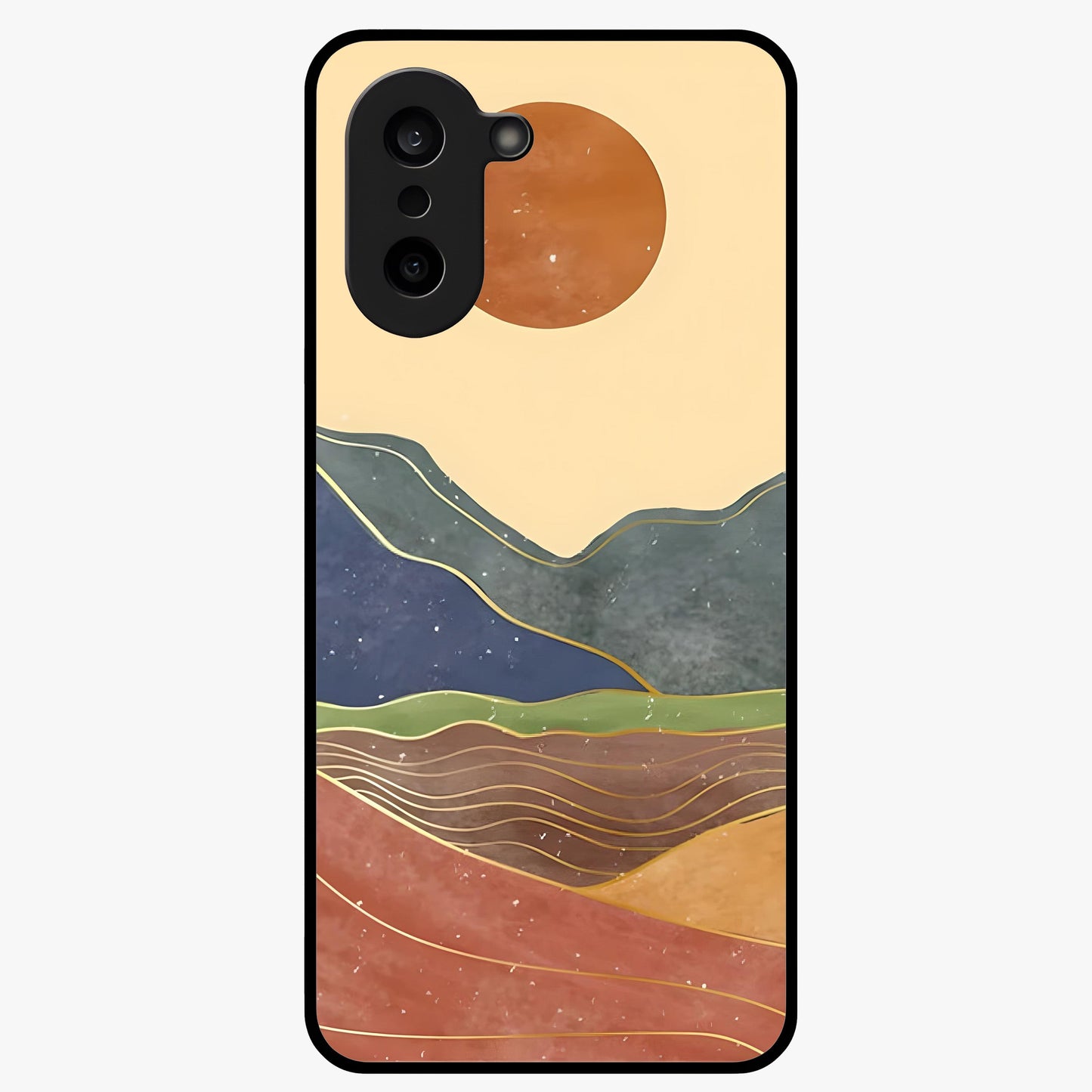 Abstract Mountain Glow Glass Case for 1+Nord Ce 5 front view featuring glowing mountain landscape artwork