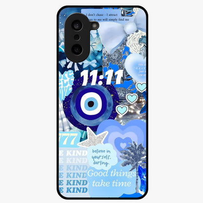 Aesthetic Be Kind Eye Glass Case for 1+Nord CE 5 front view featuring minimal eye illustration with positive message