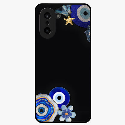 Aesthetic Blue Evil Eye Glass Case for 1+Nord CE 5 front view featuring vibrant traditional evil eye artwork