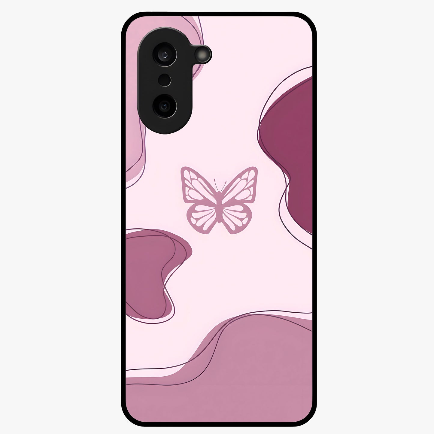 Aesthetic Pinkish Custom Name Butterfly Glass Case for 1+Nord CE 5 elegant front view featuring pink butterfly artwork with personalized name design
