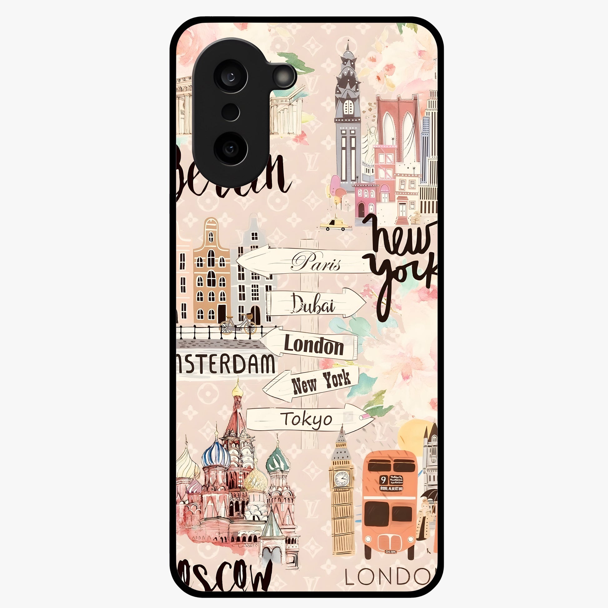 Aesthetic Travel Glass Case for 1+Nord CE 5 front view featuring wanderlust inspired travel artwork